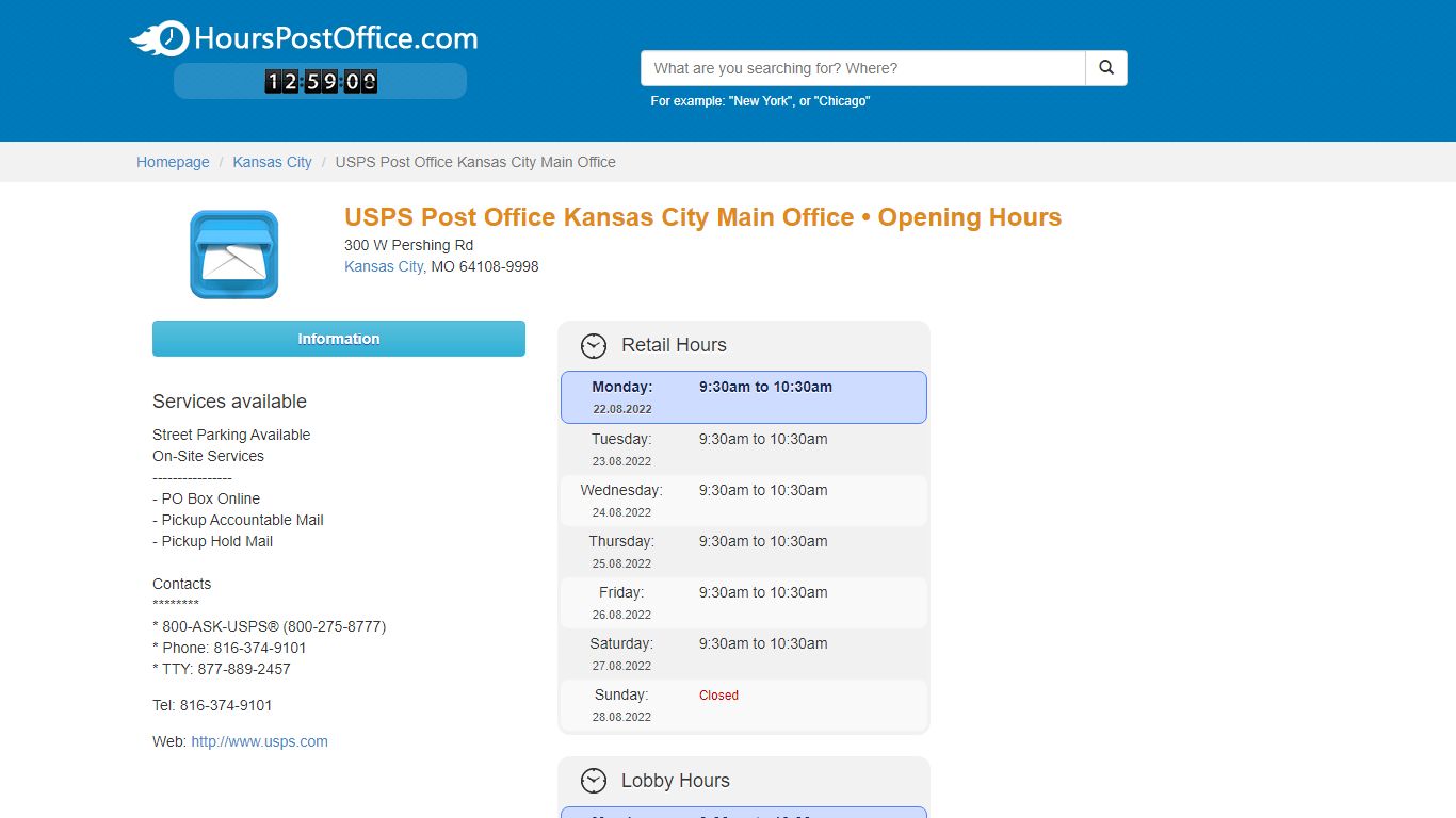 USPS Post Office Kansas City Main Office • Opening Hours