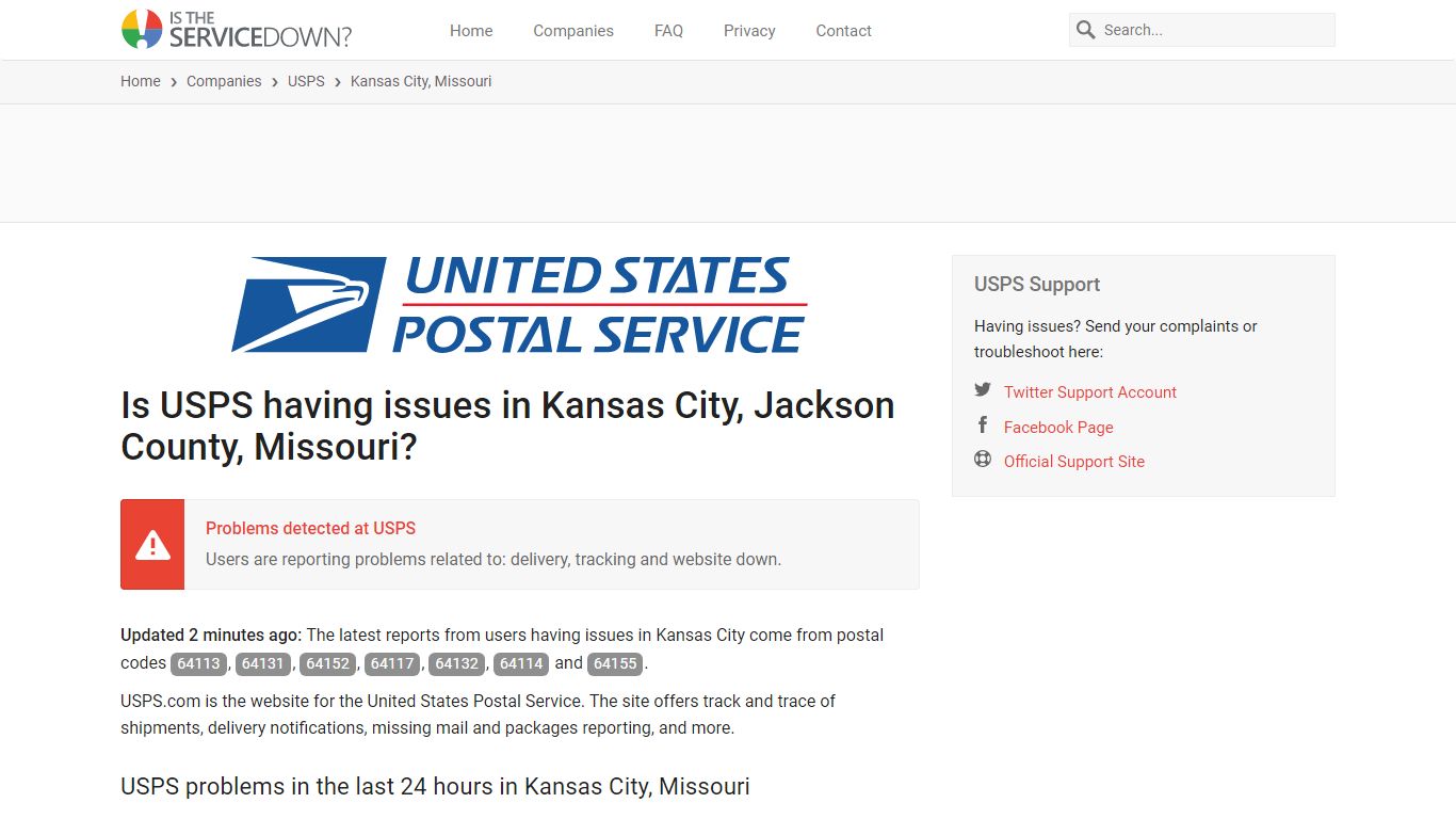 USPS in Kansas City, Missouri down? Current outages and problems